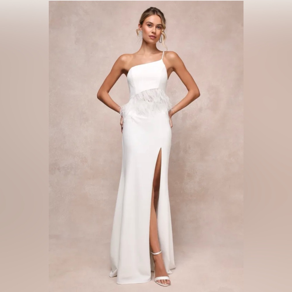🪽 Glam Bliss White Feather One-Shoulder Cutout Maxi Dress
